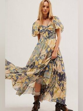 Free People Sundrenched Short-Sleeve Maxi Dress - Blue Combo $168 MSRP